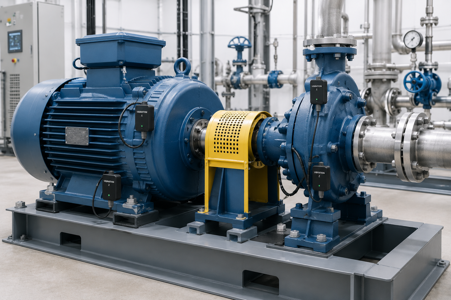 Motor and pump skid fitted with vibration sensors